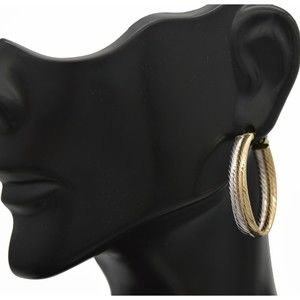 Real 14K Solid Yellow White Two-tone Gold Oval Twisted Stripe Hoop Earrings
